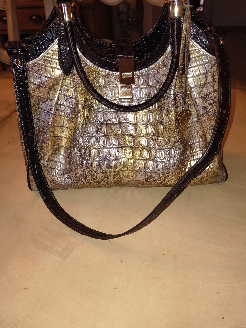 Brahmin Metallic Gold Croc-Embossed Tote Bag with Dark Brown Trim